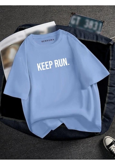 Oversıze Keep Run Baskılı Unısex Tisort Baskılı Mavi
