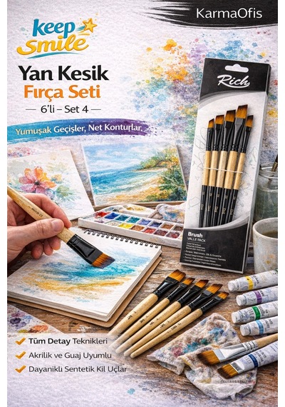 6 Lı Yan Kesik Fırça Seti Set 4 Açılı Uçlu Akrilik Boya Fırçası, Guaj&hobi Uyumlu Profesyonel Set