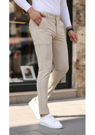 Defymoda Erkek Slim Fit Likralı Gabardin Pantolon Bej