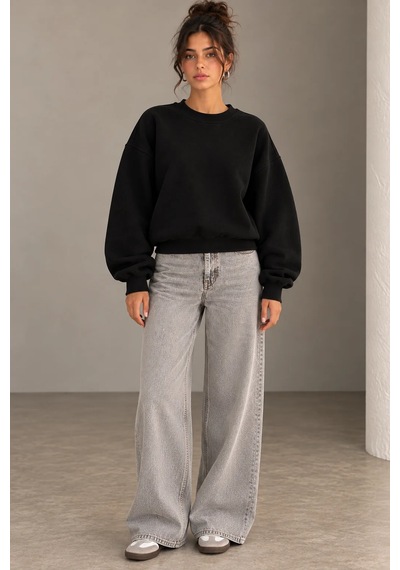Bbbutikbasic 3 İplik Şardonlu Kısa Sweatshirt Bisiklet Yaka Kadın 3 İplik Şardonlu My3535 siyah