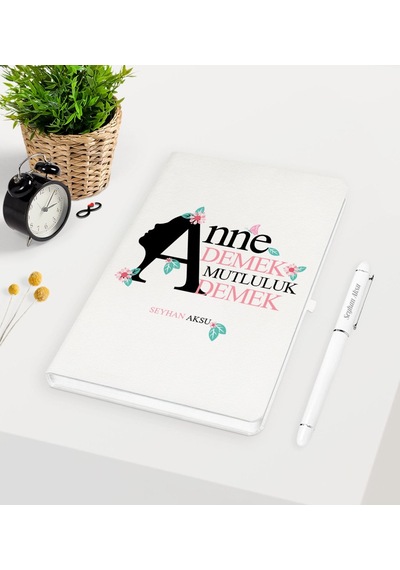 Kişiye Özel Anne Demek Mutluluk Demek Beyaz Defter Kalem Seti Beyaz