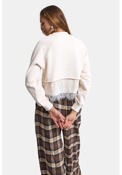 Kadın Bej W6-105 Dantel Detaylı Bol Kesim Tasarım Sweatshirt