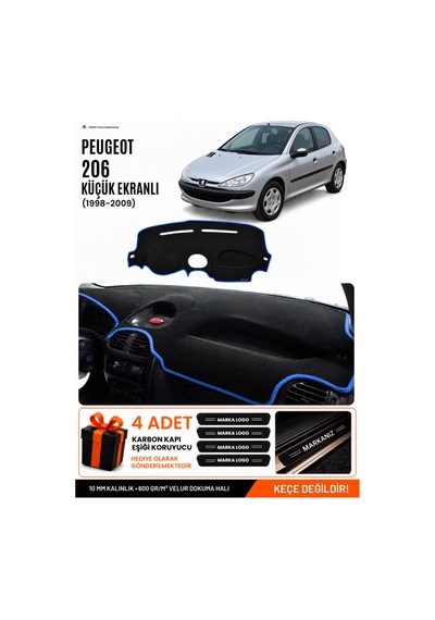 Peugeot 206 Küçük Ekranlı 1998-2009 Uyumlu Torpido Örtüsü, Torpido Kılıfı - Siyah-mavi - Pe003