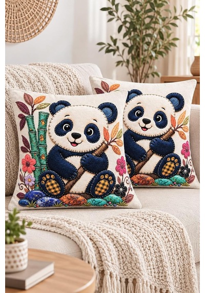 2'li Panda Desenli 3d Görünümlü Dijital Baskılı Kırlent Kılıfı 43x43 Cm Yastık Kılıfı Seti Diğer