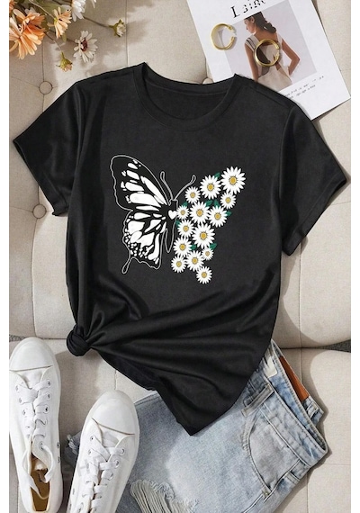 Unisex Pamuklu Ön Baskılı Papatya Kelebek Baskılı Kısa Kol T-shirt SIYAH