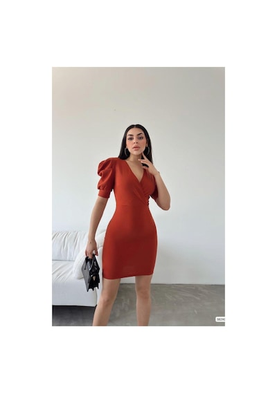 DefyModa Kadın Krep Kumaş Kruvaze Yaka Kısa Kollu Abiye Elbise Kiremit