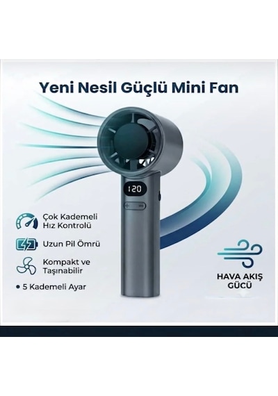 Dijital Göstergeli 14000 Rpm Turbo Şarjlı El Fanı 5 Kademeli Taşınabilir Mini Vantilatör Cep Tipi Güçlü Soğutucu Gri Renk