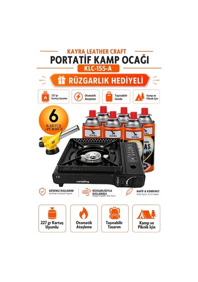 8'li Set Siyah Taşınabilir Kamp Ocağı 6 Gaz Kartuşu 1 Pürmüz Dahil Çantalı Portatif Tek Gözlü Mini Karavan Açık Hava Piknik Yemek Pişirme Ocağı Seti Kamp Malzemeleri Ekipmanları Siyah Siyah