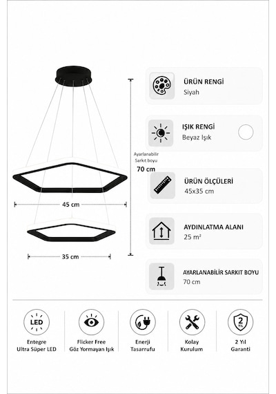 AvizeGO Titan 2'li Led Sarkıt Avize Beyaz Işık Siyah
