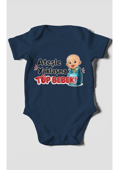 Morivokids Ateşle Yaklaşma Tüp Bebek Kısa Kollu Bebek Body %100 Pamuk Lacivert