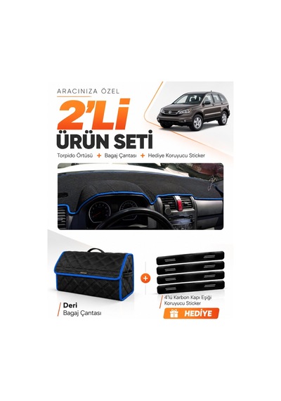 E-biz Honda Cr-v 2007-2012 Uyumlu Torpido Örtüsü + Deri Bagaj Çantası Seti - Siyah-mavi - Ho015