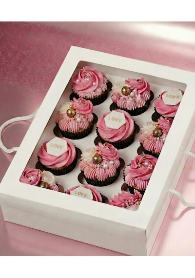 12 Li Cupcake Kutusu Asetat Pencereli İpli Yeni 35x26x11