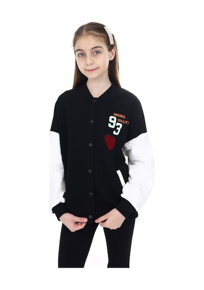 Toontoy Kız Çocuk Kolej Yaka Çıtçıt Kapama Cepli Düşük Omuz Baskılı Renk Bloklu Örme Hırka - 2 İplik Şardonlu Siyah