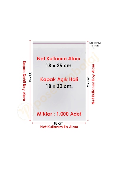 18x25+5 Cm. 18x30 1.000 Adet Şeffaf Bantlı Yapışkanlı Jelatin Poşet