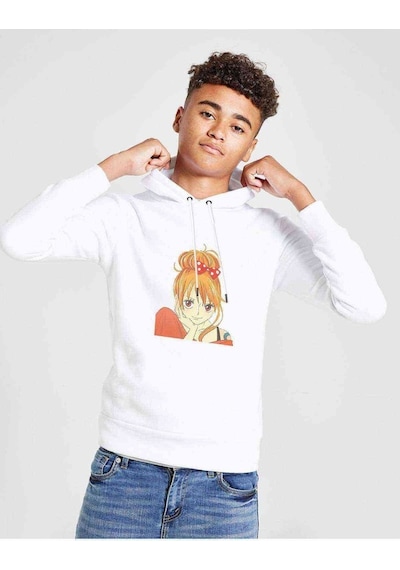 Tshirthane Anime One Piece Baskılı Unisex Çocuk Kapüşonlu Beyaz Sweatshirt (529015408)