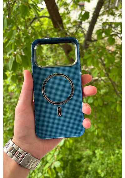 Apple iPhone Uyumlu 17 Pro Deniz Dalgası Desenli Soft Dokulu Karbon Fiber Magsafe Kılıf Mavi