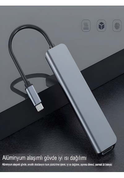 7in1 Aluminiumusb Çoklayıcı Çevirici Pd100w Hızlı Şarj 4k 60hz 1xhdm 3xusb 1xtype-c Tf/sd Gri