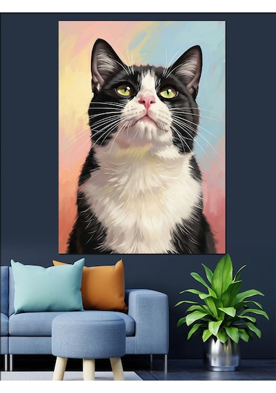 Ahşap Tablo Yukarı Bakan Siyah Kedi