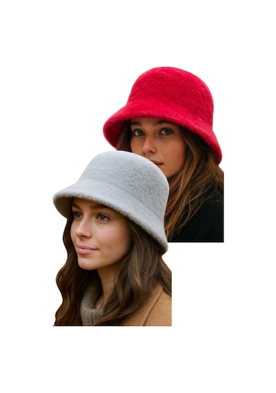 Uniquetrenders Kadın Soft Peluş Ayarlanabilir İpli Bucket Kova Şapka 2 Li Set Kırmızı - Gri
