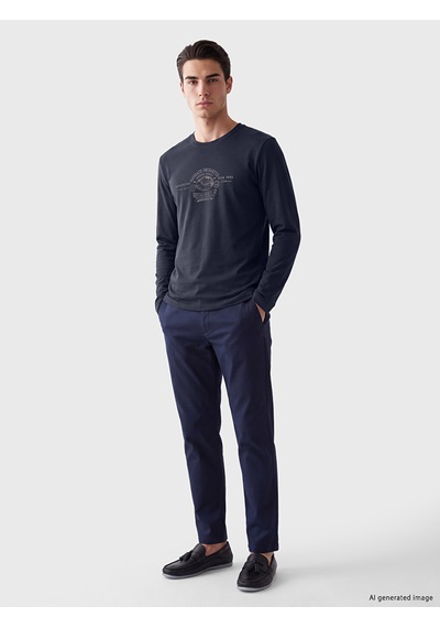 Lcwaıkıkı Classic Lacivert Bisiklet Yaka Baskılı Erkek Sweatshirt