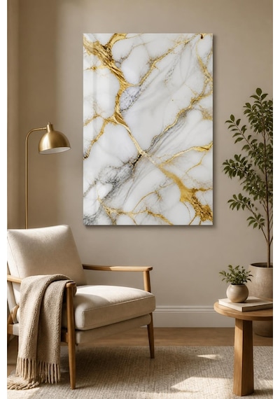 Mermer Gold Desenli Baskılı Cam Tablo Lüks Uv Baskı Dekoratif Duvar Tablosu