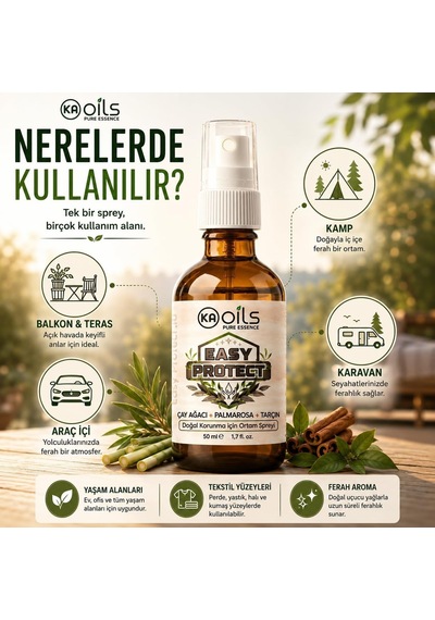 Kaoils Easy Protect Doğal Ortam Spreyi 50 Ml - Sivrisinek, Kene, Akar Ve Haşerelere Karşı Doğal Koruma / 100% Pure Essential Oil Blends / Palmarosa, Tarçın, Çay Ağacı
