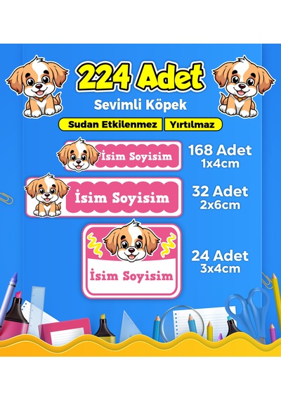 Sevimli Köpek Temalı Okul Kreş Kişiye Özel İsim Etiket Seti - Model 389 Çok Renkli