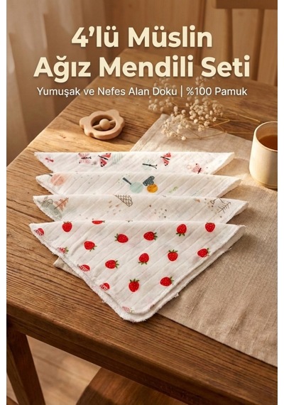 Modern Desenli Müslin Bebek Ağız Mendili Günlük Kullanım İçin Yumuşak Dokulu 25 x 25 CM 4'lü Set
