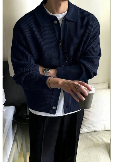 Serablanka Erkek Polo Yaka Oversize Triko Hırka Lacivert