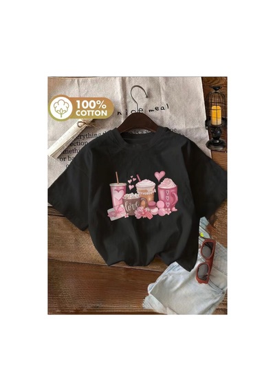 Herkesemoda Love Bardaklar Baskı Detaylı Basic T-shirt Siyah