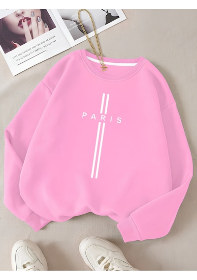 Startmore Pembe Unisex Kadın/erkek Paris Özel Renkli Oversize Bisiklet Yaka Pamuklu