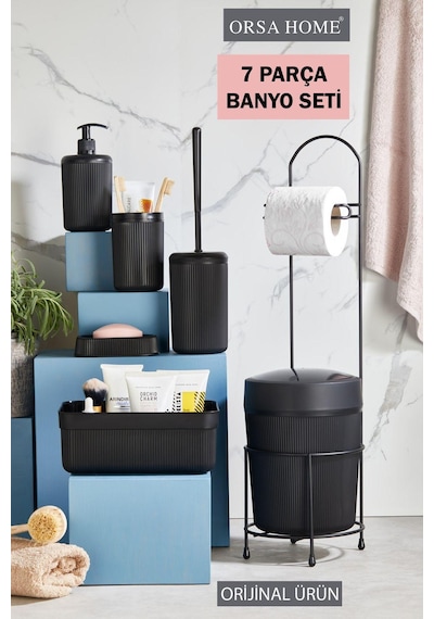 7 Parça Siyah Banyo Seti Metal Stantlı Kovalı Wc Kağıtlık Kozmetik Kutusu Diş Fırçalık Ve Sabunlukla