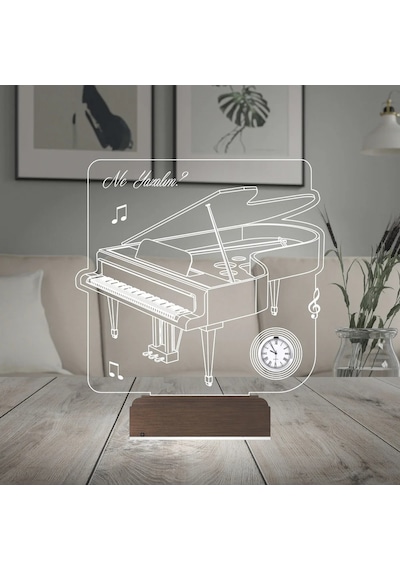 Luvivia Piyano Müzik Nota Piyanist Hediye Kişiye Özel Metal Saatli 3d Lamba - Masa Gece Lambası