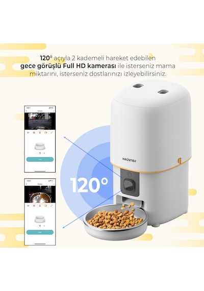 Haustier Pf05 Beyaz Kameralı 1080p Fhd Gece Görüş Akıllı Otomatik Kedi Mama Kabı, Tuya App-wifi Uzaktan Kontrol, Sesle Çağırma, 2.4ghz-5ghz, 4lt Hazne, Metal Kase