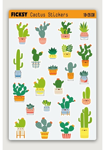 Sevimli Kaktüs Sticker Seti - 23 Adet Etiket Çıkartma Diğer