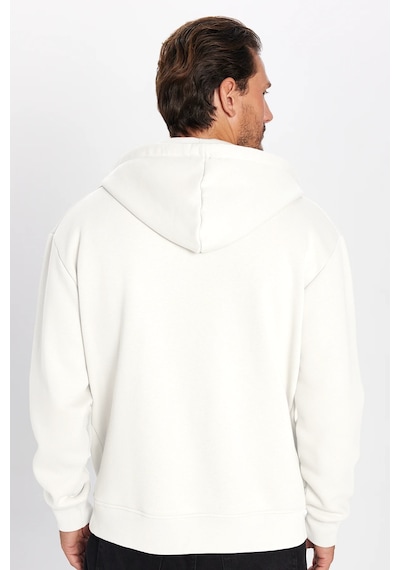 Tudors Unisex Relax Fit Rahat Kesim Pamuklu İçi Polarlı Çift Cepli Fermuarlı Beyaz Kapüşonlu Sweatshirt-32826 Beyaz