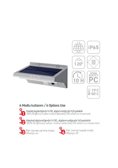 Ack Ag60-07851 Ip65 Hareket Sensörlü Solar Led Bahçe Duvar Apliği