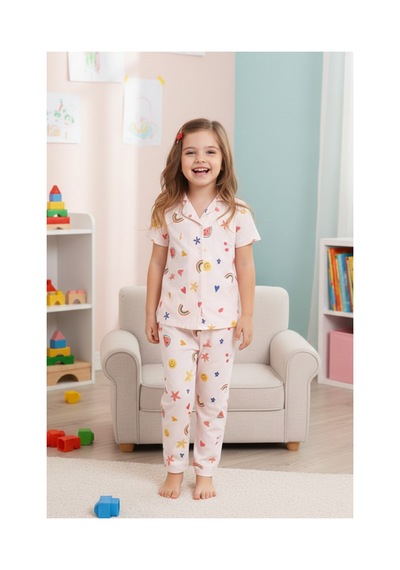 Siyah İnci Pamuklu Düğmeli Örme Pijama Takımı Desenli