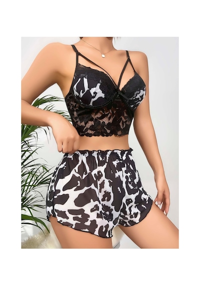 Mr Owl Kadın Siyah Leopar Desenli Dantel Detaylı Şortlu Pijama Takımı