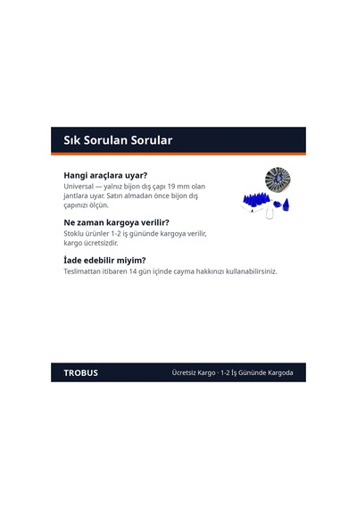 Trobus Sökme Aparatlı Sivri Bijon Kapağı Seti 20 Adet 19 Mm Mavi
