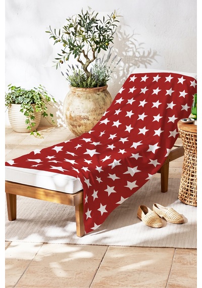 Yıldız Desenli Kırmızı Beyaz Plaj Havlusu - Modern Geometrik Marine Stil Hızlı Kuruyan Havlu Örtü Kül Şeftali