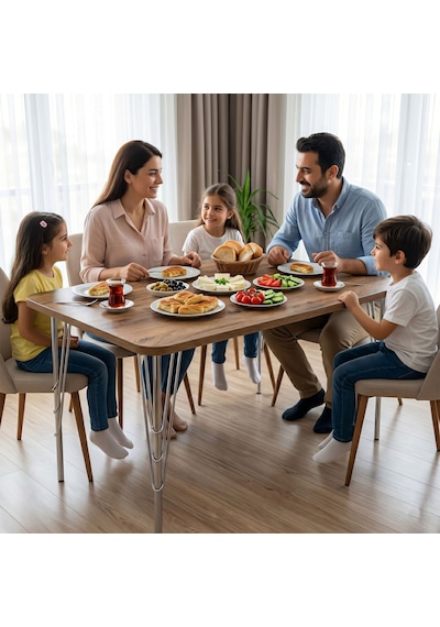 Modern Ahşap Desenli 6 Kişilik Yemek Masası 119x89 Cm Sabit Metal Ayaklı Sağlam Mutfak Masası, Çalışma Masası, Balkon Masası Atlantik - Çam