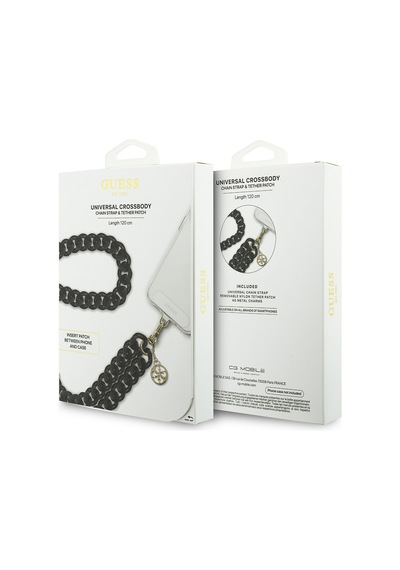 Guess Lisanslı 4g Metal Logolu Büyük Zincirli Çapraz Vücut Telefon Askı Kayışı 120cm Siyah Siyah