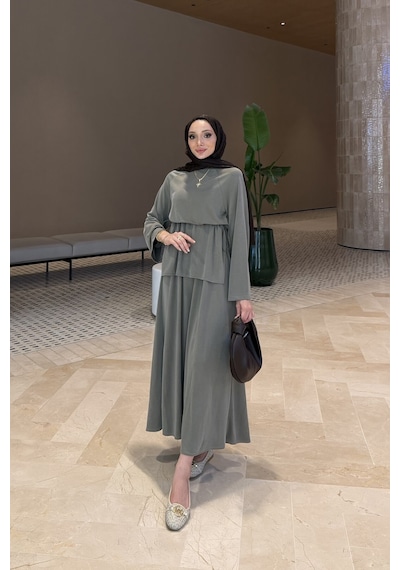 Riella Butik Ahen Oysho Kumaş Oversize Günlük Tesettür Takım Yeşil