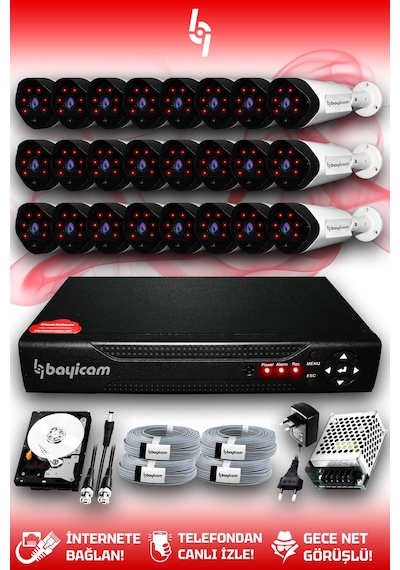 Bayicam 24 Kameralı Uzay 24 Dış Kamera Set 100 GB HDD Full HD Gece Görüşlü Güvenlik Kamerası Sistemi