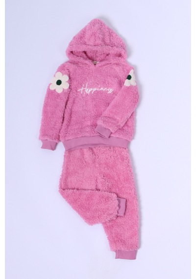 Hçm Kız Çocuk Peluş Alt-üst Takım Çiçek Baskılı Kapşonlu D25 Pembe