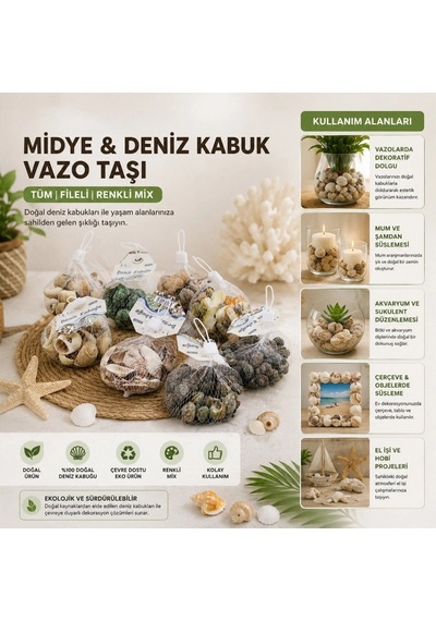Dekoratif Vazo Taşı - Midye Ve Deniz Kabuğu - Fileli Renkli Mix 6998