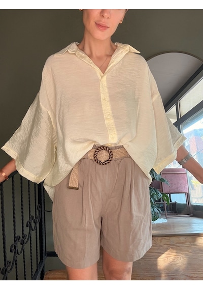 Ali Butik Sarı Kısa Kollu Rahat Kalıp Dökümlü Gömlek