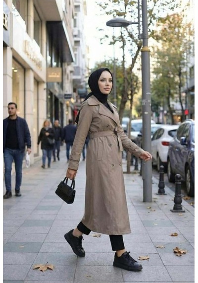 Hb Harma Time Butik Kadın İçi Astarlı Kuşaklı Düğmeli Bej Bondit Trençkot Bej Bej