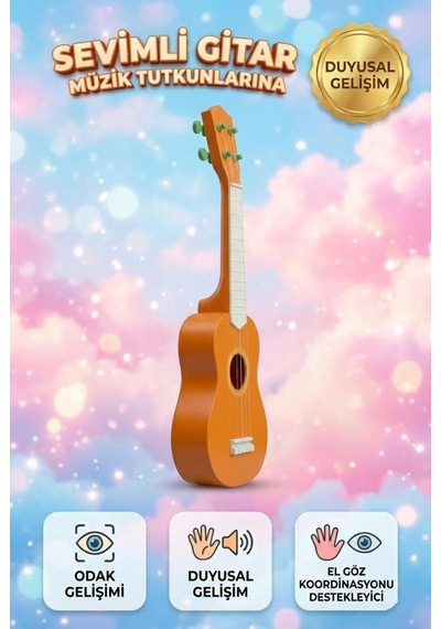 Sevimli İlk Gitarım 57cm Plastik Telli Ayarlanabilir Akorlu Eğitici Oyuncak Çocuk Müzik Aleti